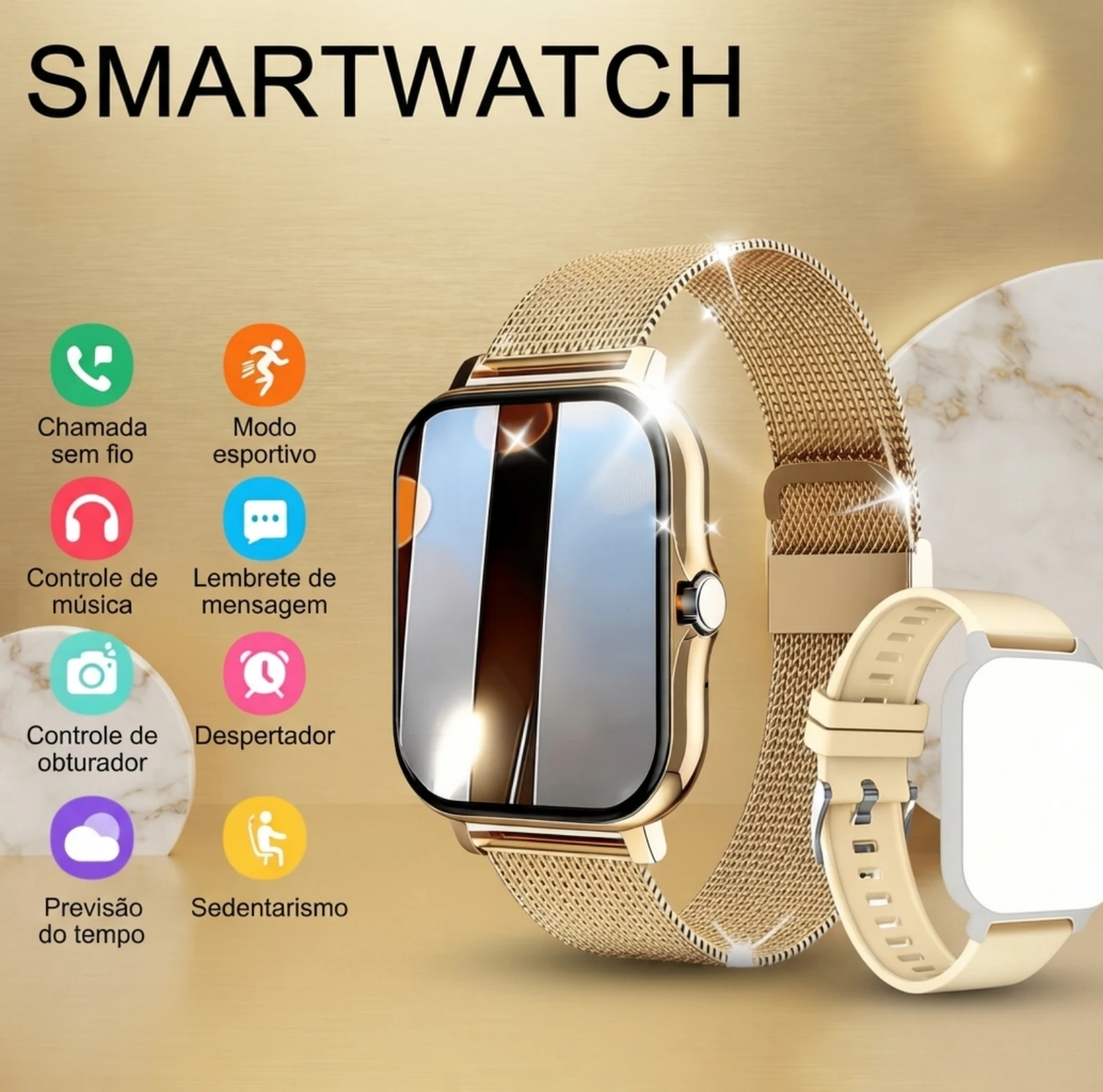Smartwatch dourado com caixa 